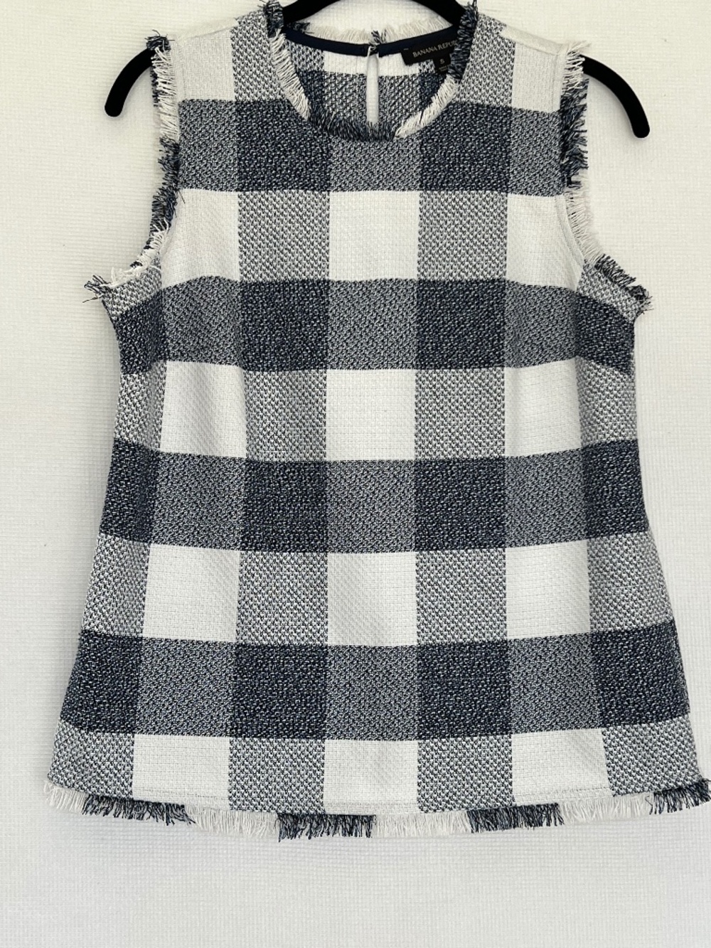 Banana Republic Plaid Frayed Tweed Shell Top Navy Blue Ivory Sleeveless S